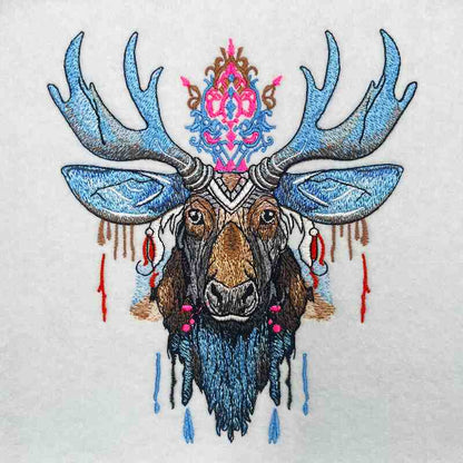 Bohemian moose embroidery on a jute tote bag, featuring intricate patterns and vibrant colors on the moose's antlers.