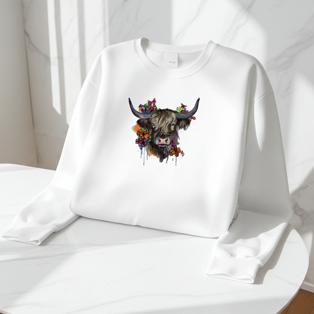 White sweatshirt draped on a wooden chair in a bright minimalist room, featuring a floral highland cow embroidery design on the chest with colorful flowers and long horns