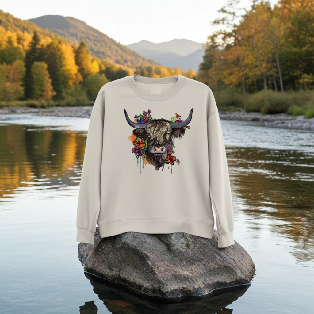 Mint green sweatshirt displayed outdoors on a rock in a calm river, featuring a floral highland cow embroidery design on the chest, with autumn trees and mountains in the background
