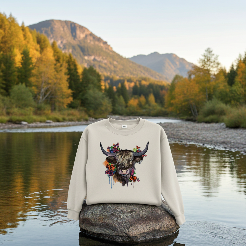 Mint green sweatshirt displayed outdoors on a rock in a calm river, featuring a floral highland cow embroidery design on the chest, with autumn trees and mountains in the background