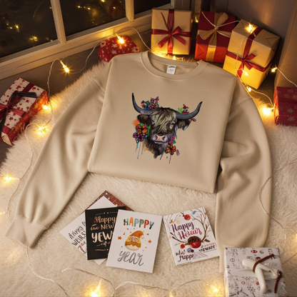 Soft beige sweatshirt laid on a fluffy rug with warm string lights, featuring a floral highland cow embroidery design on the chest, surrounded by wrapped gifts and holiday cards