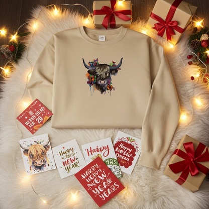 Soft beige sweatshirt laid on a fluffy rug with warm string lights, featuring a floral highland cow embroidery design on the chest, surrounded by wrapped gifts and holiday cards