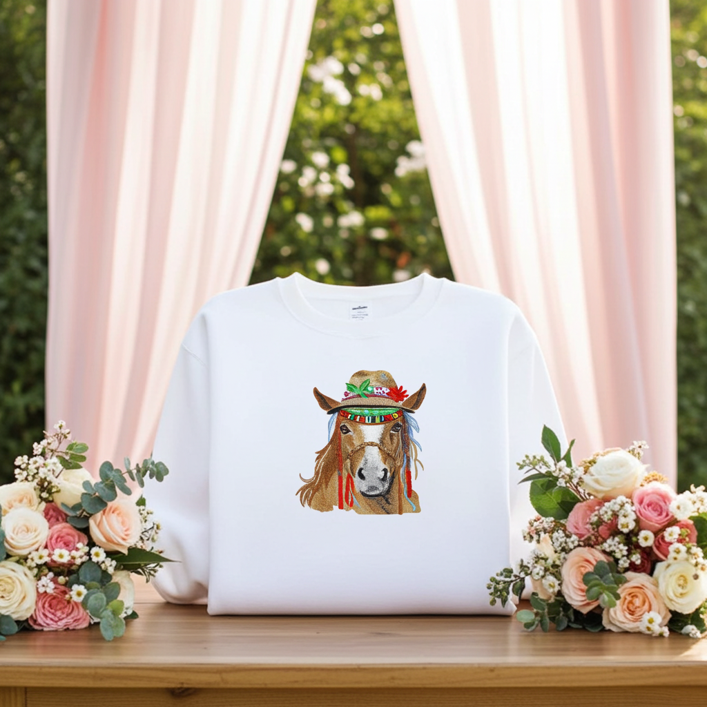 White sweatshirt displayed on wooden table with colorful boho-style horse embroidery wearing a decorated hat, surrounded by pastel floral arrangements and soft pink curtains in the background