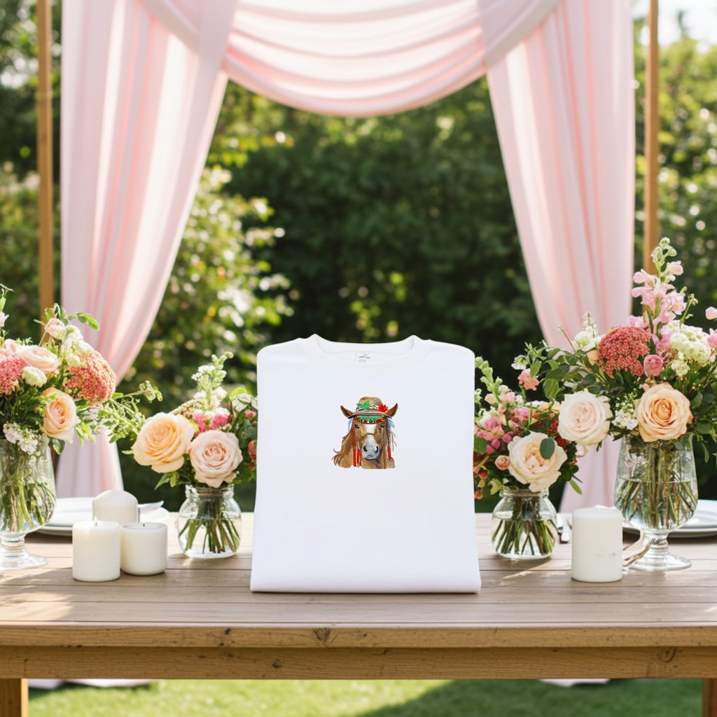 White sweatshirt displayed on wooden table with colorful boho-style horse embroidery wearing a decorated hat, surrounded by pastel floral arrangements and soft pink curtains in the background