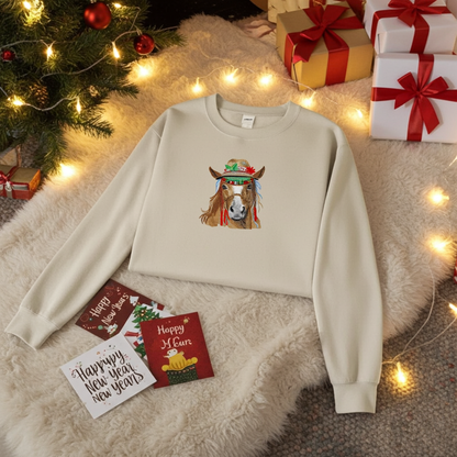 Mint green sweatshirt laid flat on a fluffy white rug with warm string lights, featuring colorful boho horse embroidery with a decorated hat, surrounded by wrapped gifts and holiday cards