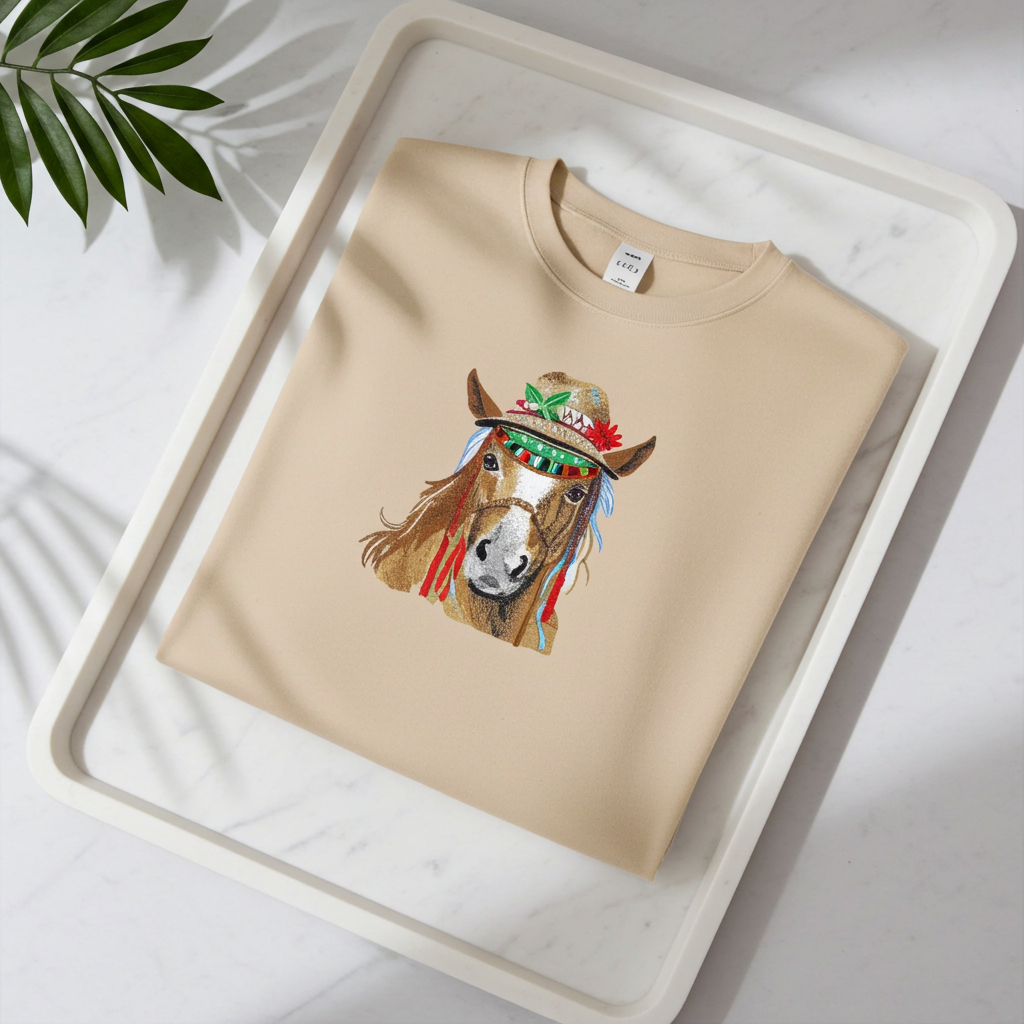 Soft beige sweatshirt neatly folded on a white marble tray, featuring colorful boho horse embroidery with a decorated hat, with leaf shadows in the background