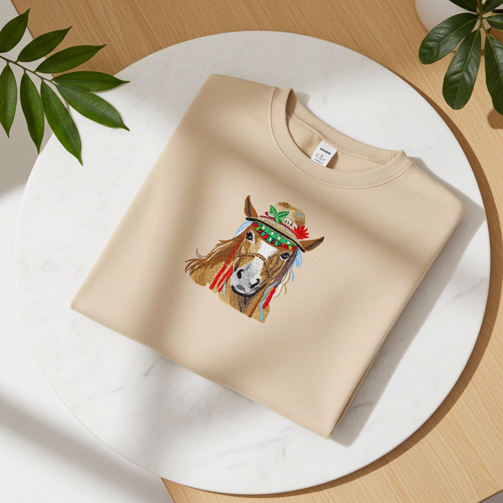 Soft beige sweatshirt neatly folded on a white marble tray, featuring colorful boho horse embroidery with a decorated hat, with leaf shadows in the background