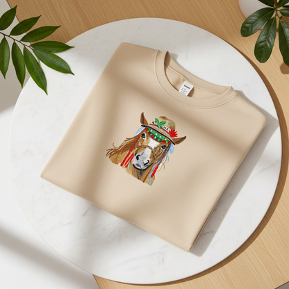Soft beige sweatshirt neatly folded on a white marble tray, featuring colorful boho horse embroidery with a decorated hat, with leaf shadows in the background
