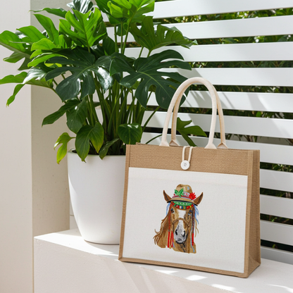 Natural jute tote handbag featuring a boho spirit horse embroidery design, displayed outdoors on a ledge with a potted plant and a white slatted backdrop.