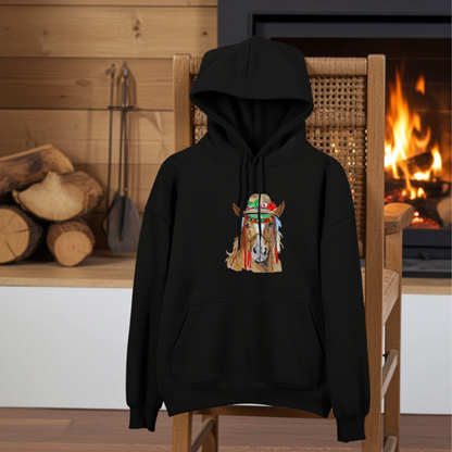 Black hoodie mockup featuring an embroidered boho western horse wearing a decorated hat on the chest, displayed on a wooden chair by a lit fireplace in a rustic cabin setting.