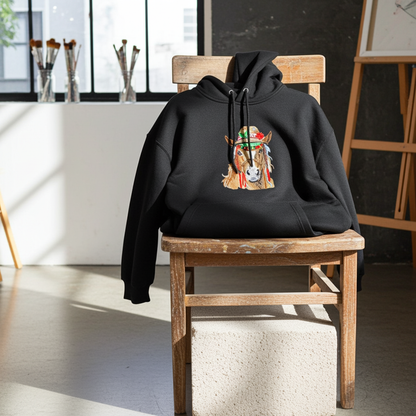 Black hoodie mockup featuring an embroidered boho western horse wearing a decorated hat on the chest, displayed on a wooden chair in a bright artist studio with large windows.