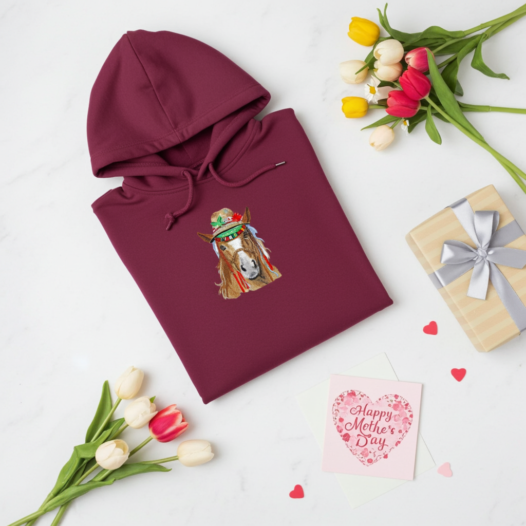 
Burgundy hoodie mockup featuring an embroidered boho western horse wearing a decorated hat on the chest, styled flat lay with tulips, a gift box, and a Mother’s Day card.