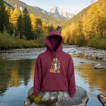 Burgundy hoodie mockup featuring an embroidered boho western horse wearing a decorated hat on the chest, styled outdoors on a rock by a river with mountains and autumn trees.