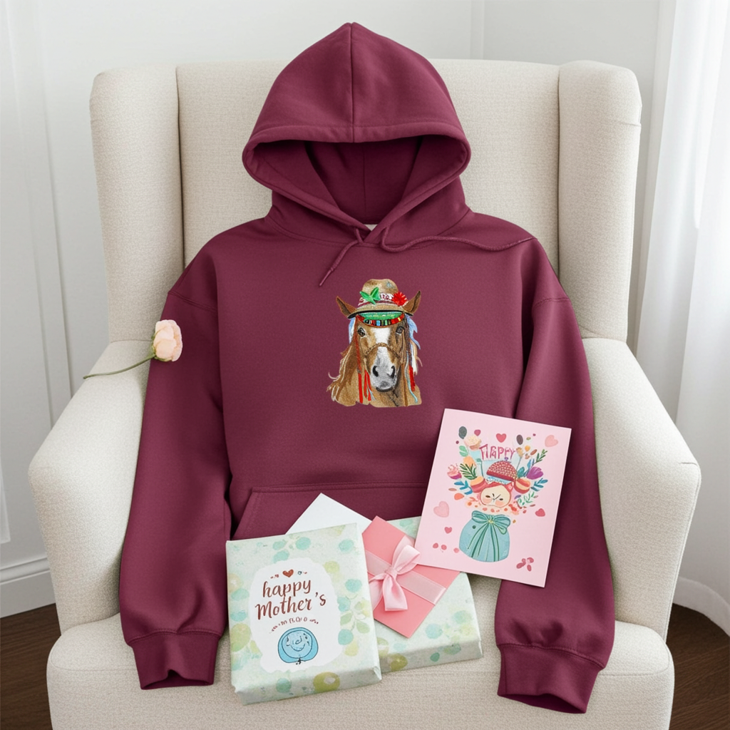 Burgundy hoodie mockup featuring an embroidered boho western horse wearing a decorated hat on the chest, styled on an armchair with Mother’s Day cards and a wrapped gift.