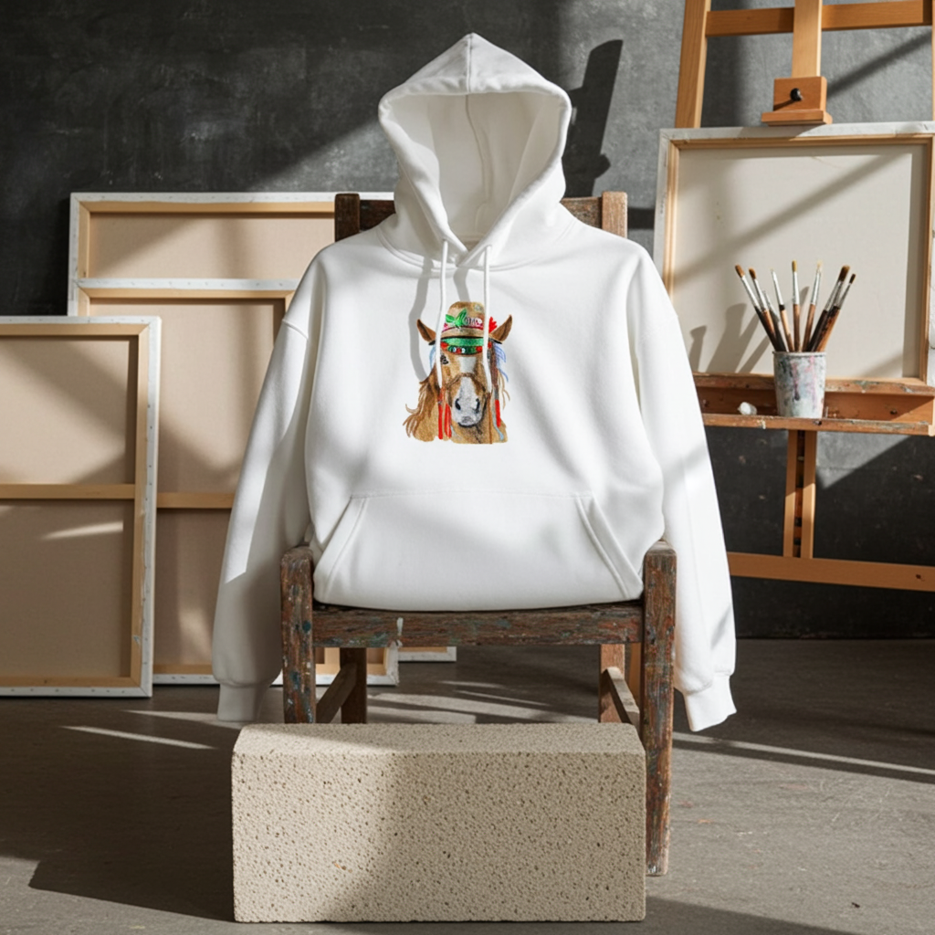 White hoodie mockup featuring an embroidered boho western horse wearing a decorated hat on the chest, displayed on a wooden chair in an artist studio with an easel and framed artwork.