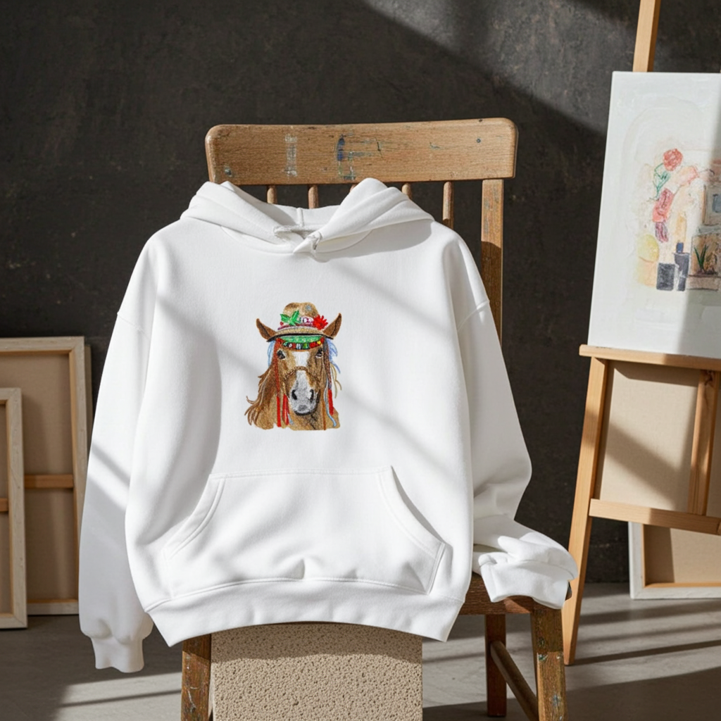 White hoodie mockup featuring an embroidered boho western horse wearing a decorated hat on the chest, displayed on a chair in an artist studio with canvases and paintbrushes.