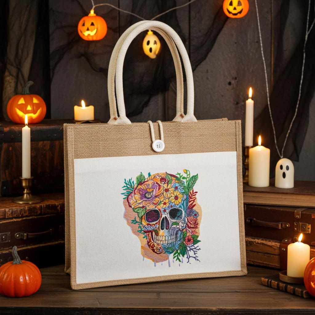 Natural jute tote handbag featuring a botanical sugar skull embroidery design, styled on a rustic table with candles, pumpkins, and Halloween string lights.
