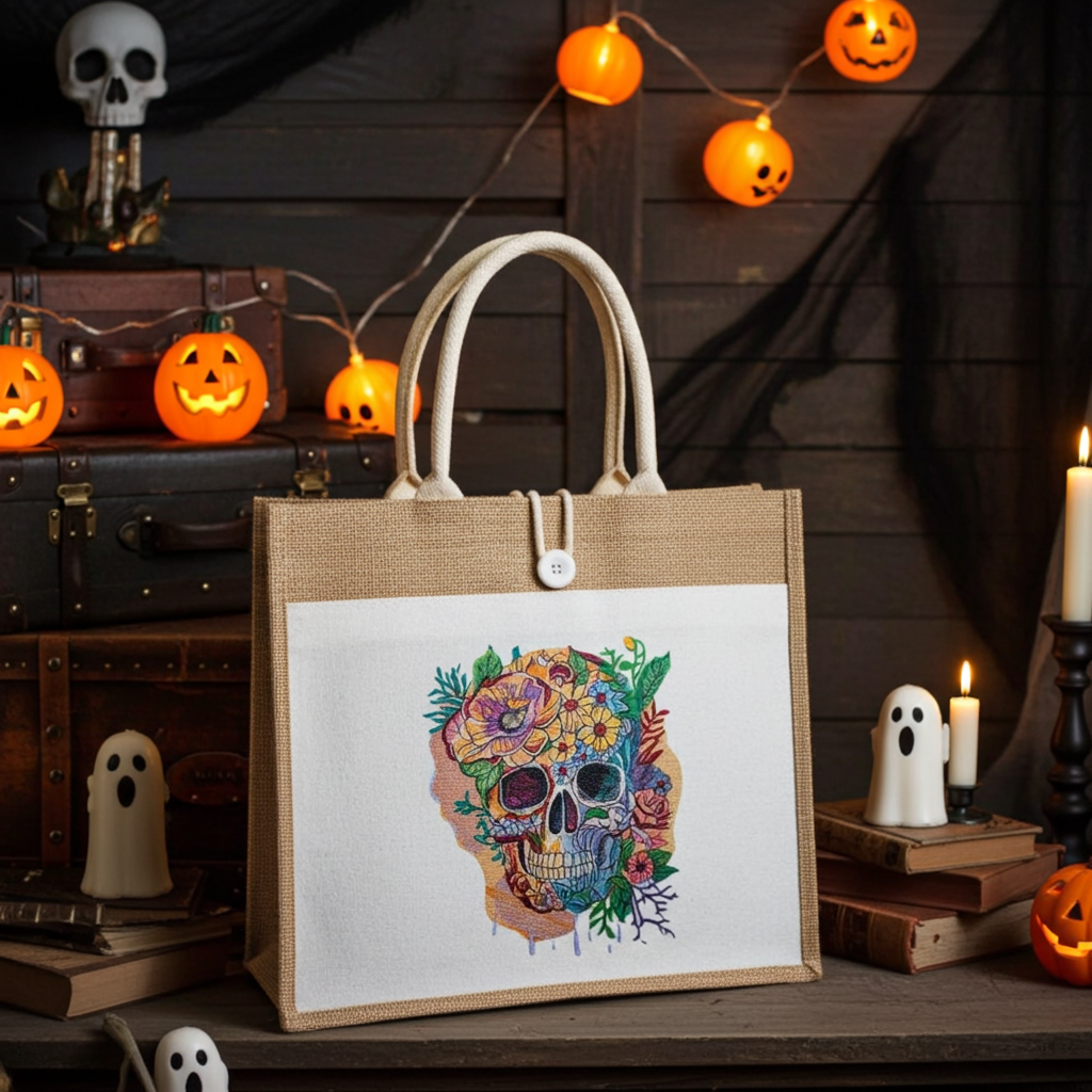 Natural jute tote handbag featuring a botanical sugar skull embroidery design, styled on a rustic table with candles, pumpkins, and Halloween string lights.