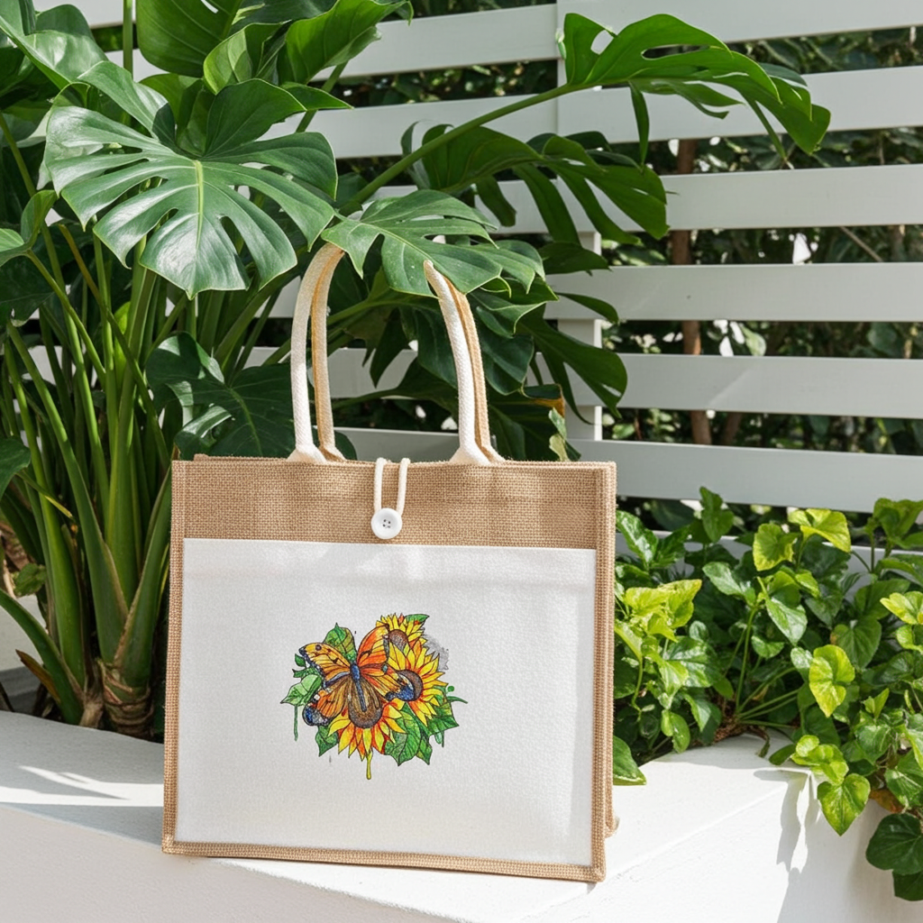 Natural jute tote handbag featuring a butterfly and sunflower embroidery design, displayed outdoors on a ledge with lush green tropical plants and a white slatted backdrop.