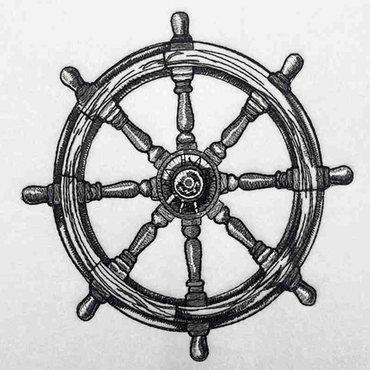 Embroidery of a traditional ship's wheel, typically found at the helm of a boat or ship.