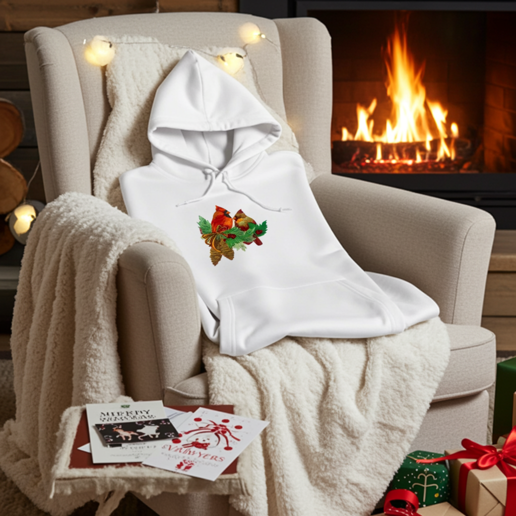 White hoodie featuring a cardinal pair with pinecones embroidery design, styled on a cozy armchair with string lights, holiday cards, wrapped gifts, and a lit fireplace in the background.