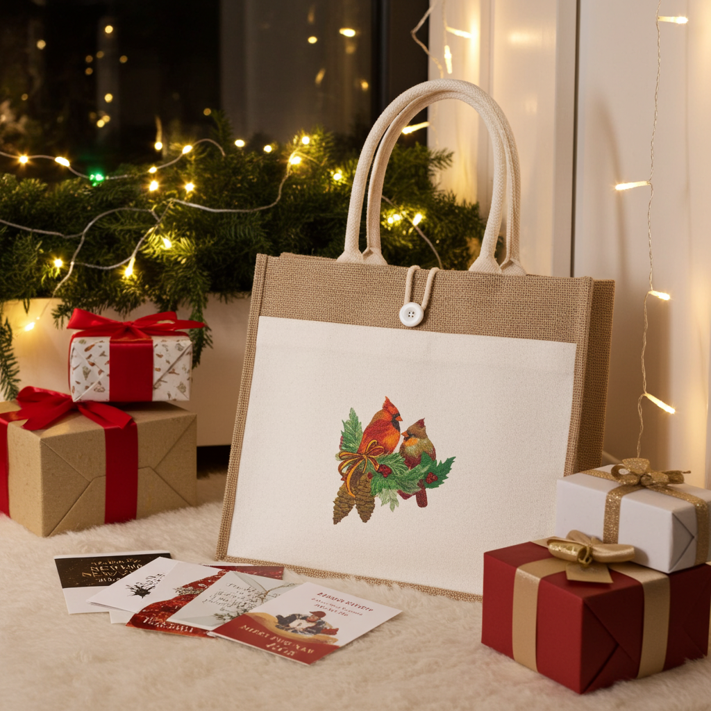 Natural jute tote bag featuring a cardinal pair with pinecones embroidery design, styled on a fluffy rug with string lights, greenery, wrapped gifts, and holiday cards.