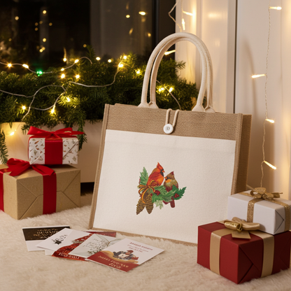 Natural jute tote bag featuring a cardinal pair with pinecones embroidery design, styled on a fluffy rug with string lights, greenery, wrapped gifts, and holiday cards.