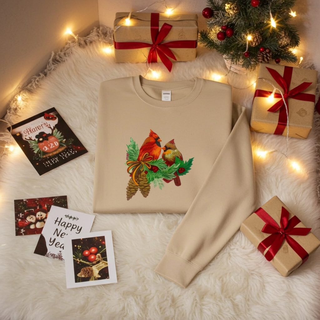 Beige sweatshirt featuring a cardinal pair with pinecones embroidery design, flat lay on a fluffy rug with warm string lights, wrapped gifts, and holiday cards.