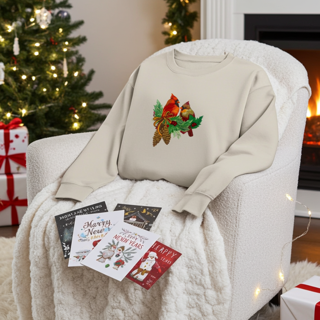 Mint green sweatshirt featuring a cardinal pair with pinecones embroidery design, styled on a cozy armchair with holiday cards, a decorated Christmas tree, and a lit fireplace in the background.