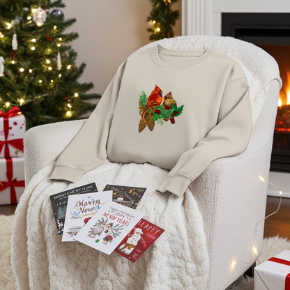 Mint green sweatshirt featuring a cardinal pair with pinecones embroidery design, styled on a cozy armchair with holiday cards, a decorated Christmas tree, and a lit fireplace in the background.