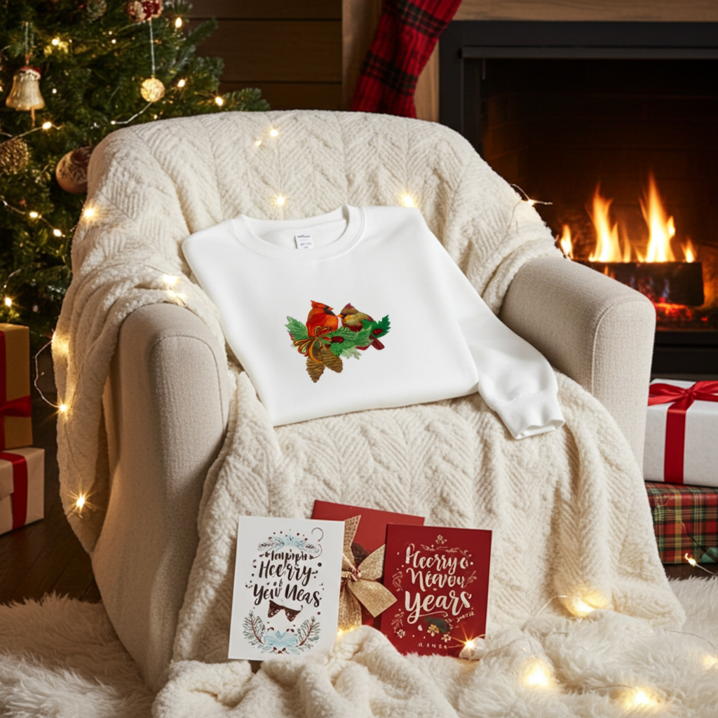 White sweatshirt featuring a cardinal pair with pinecones embroidery design, styled on a cozy armchair with string lights, holiday cards, a decorated Christmas tree, and a lit fireplace in the background.