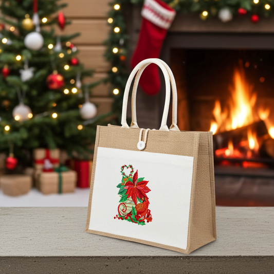 Christmas-themed gift bag with a fireplace and tree in the background