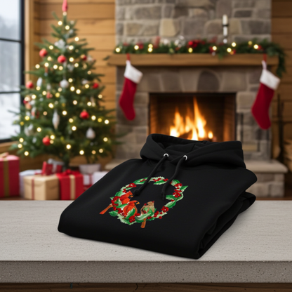 Black hoodie featuring a cardinal wreath embroidery design, folded on a table with a decorated Christmas tree, stockings, and a lit fireplace in the background.