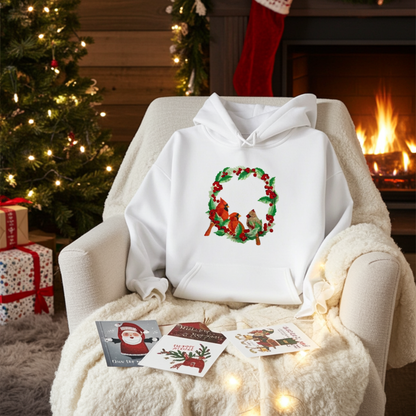 White hoodie featuring a cardinal wreath embroidery design, styled on a cozy armchair with holiday cards, a decorated Christmas tree, and a lit fireplace in the background.