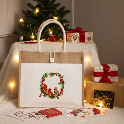 Natural jute tote bag featuring a cardinal wreath embroidery design, styled on a cozy setup with string lights, wrapped gifts, holiday cards, and a small Christmas tree in the background.