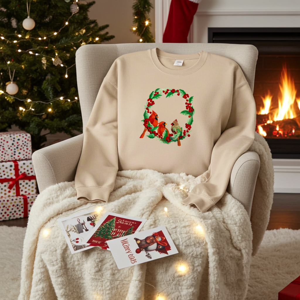 Beige sweatshirt featuring a cardinal wreath embroidery design, styled on a cozy armchair with string lights, holiday cards, a decorated Christmas tree, and a lit fireplace in the background.