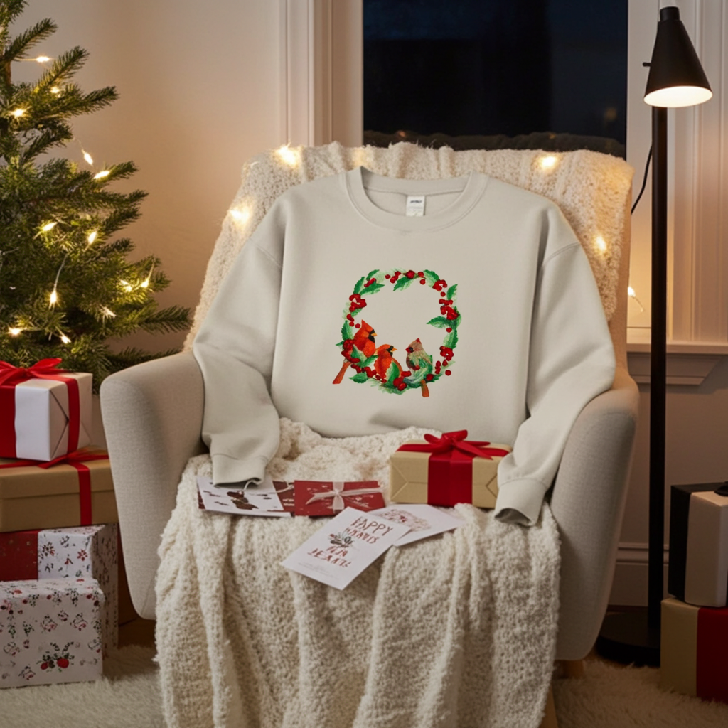 Mint green sweatshirt featuring a cardinal wreath embroidery design, styled on a cozy armchair with string lights, wrapped gifts, and holiday cards in a warm indoor setting.