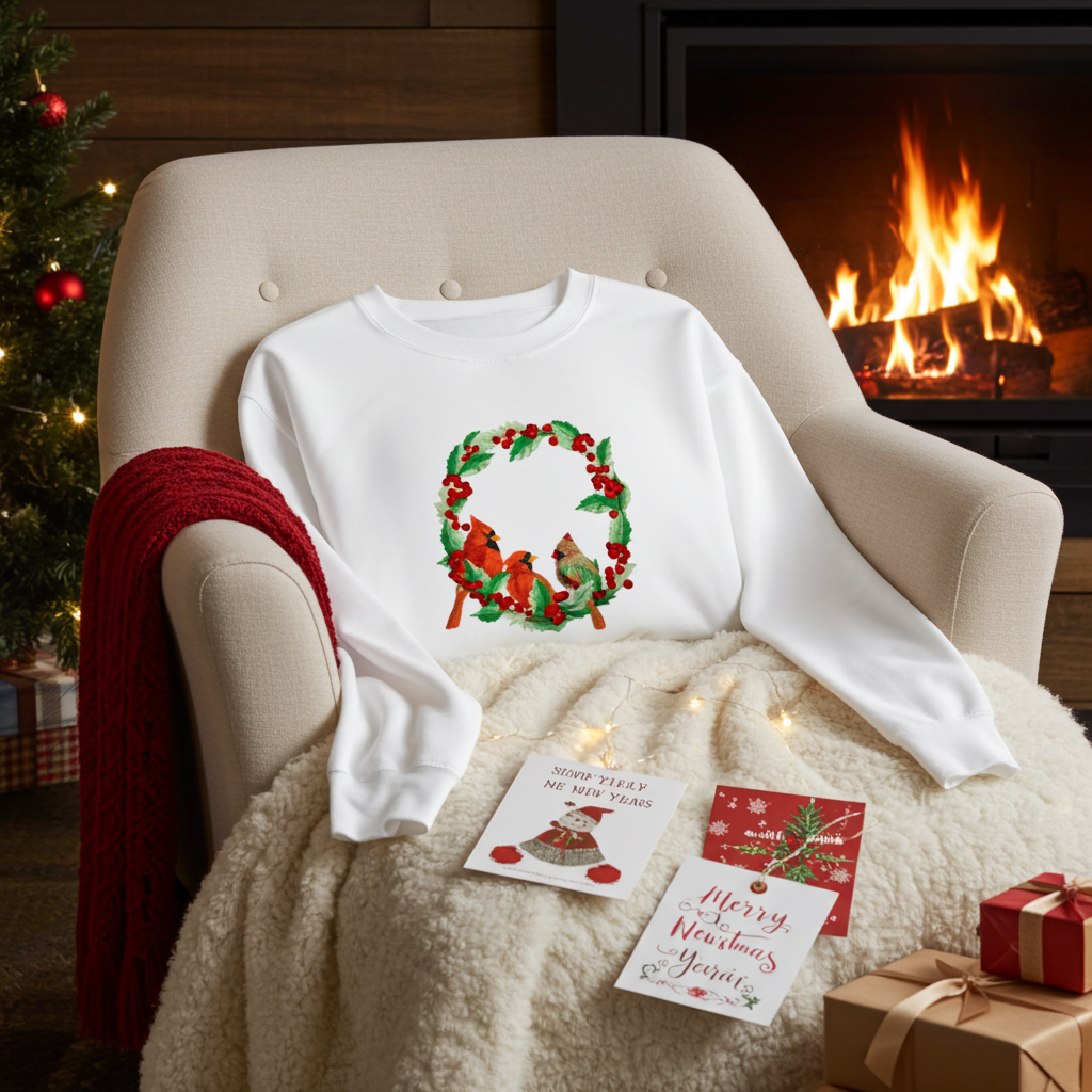 White sweatshirt featuring a cardinal wreath embroidery design, styled on a cozy armchair with a knit blanket, holiday cards, wrapped gifts, and a lit fireplace in the background.