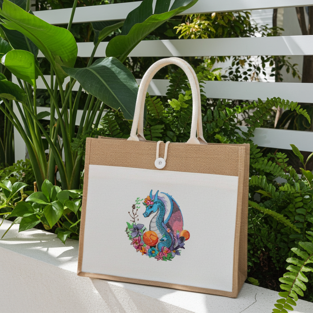 Tote bag with a colorful dragon design on a white background, surrounded by green plants.