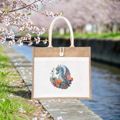 Jute bag with a dragon design by a cherry blossom tree