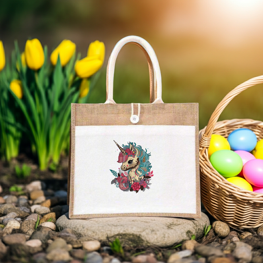 Natural jute tote handbag featuring a celestial garden unicorn embroidery design, photographed outdoors on grass with a basket of pastel eggs nearby.