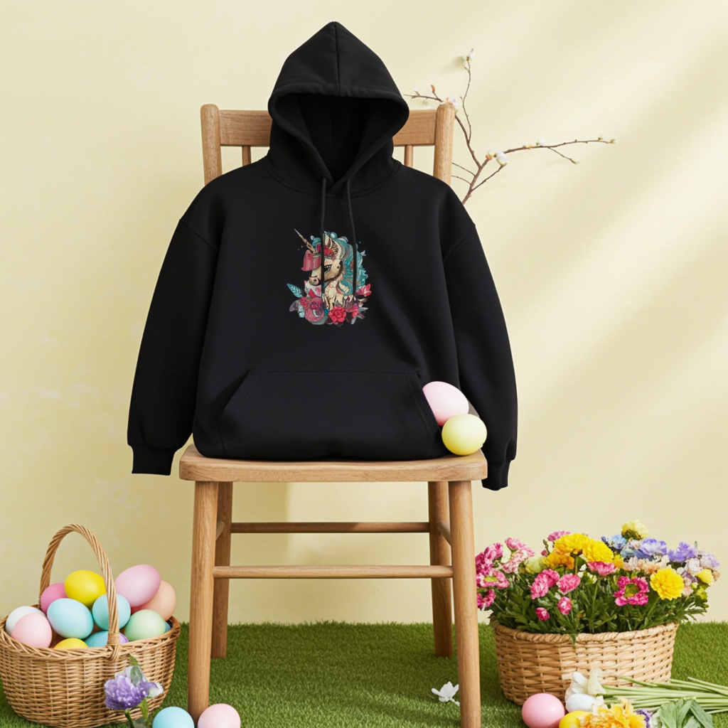 Black hoodie mockup featuring an embroidered floral unicorn design on the chest, styled with Easter eggs, daisies, and a plush bunny against a pastel background.