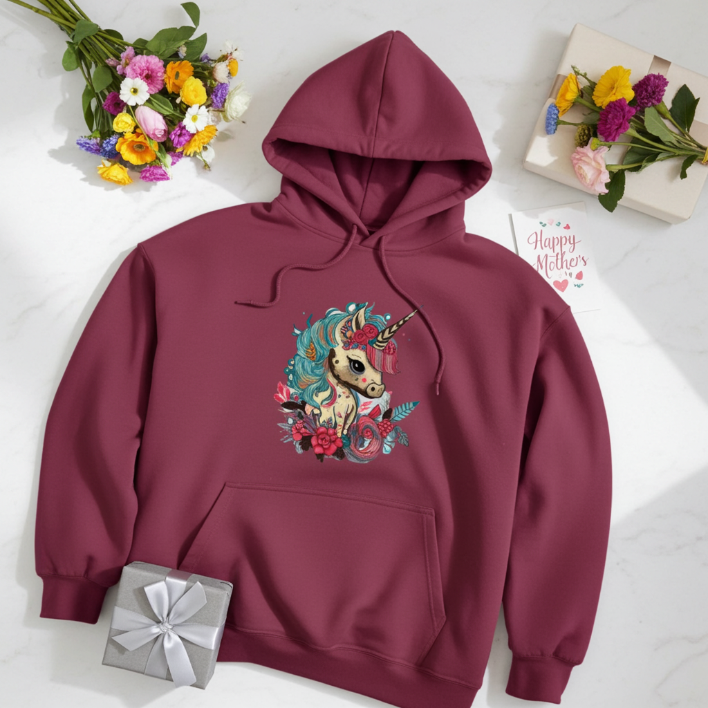 Burgundy hoodie mockup featuring an embroidered floral unicorn design on the chest, styled flat lay with colorful flowers, a gift box, and a Mother’s Day card.