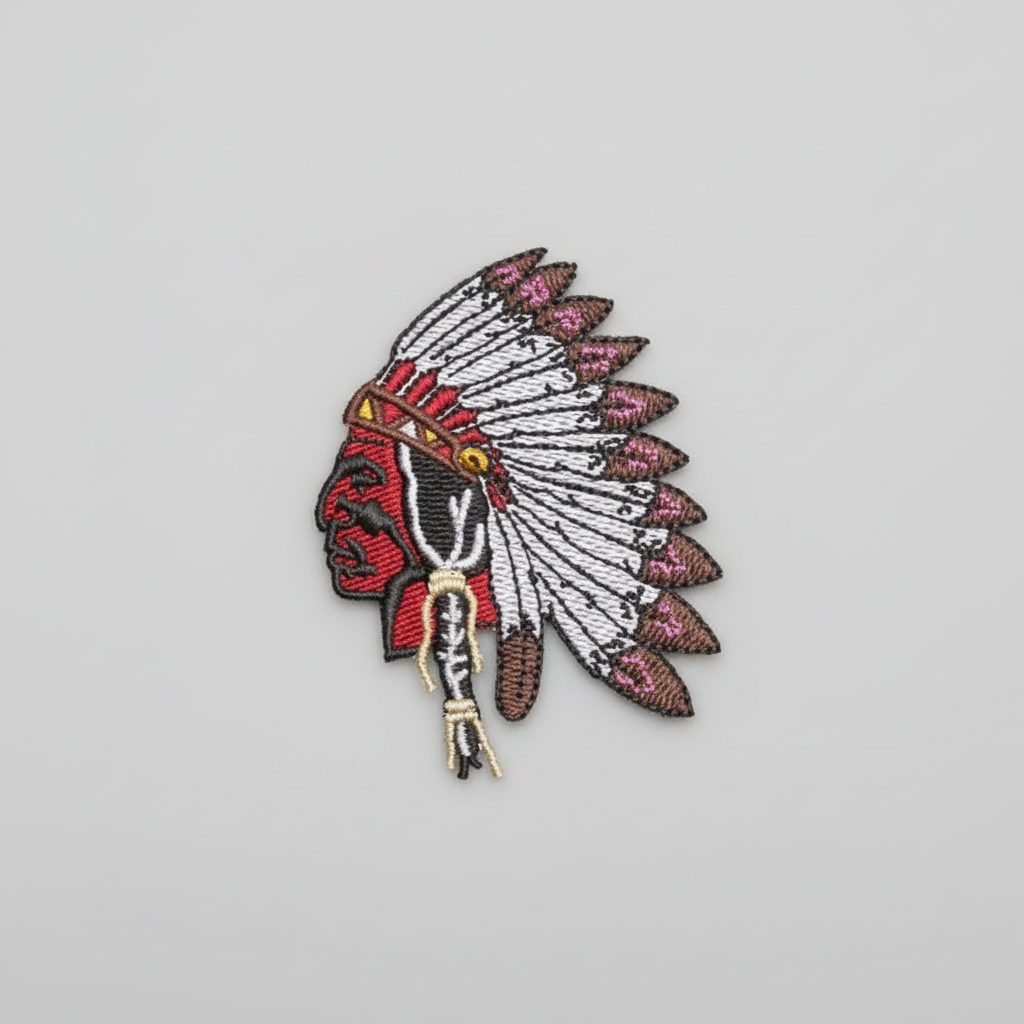 Embroidery design of a Native American headdress with feathers on a grid background
