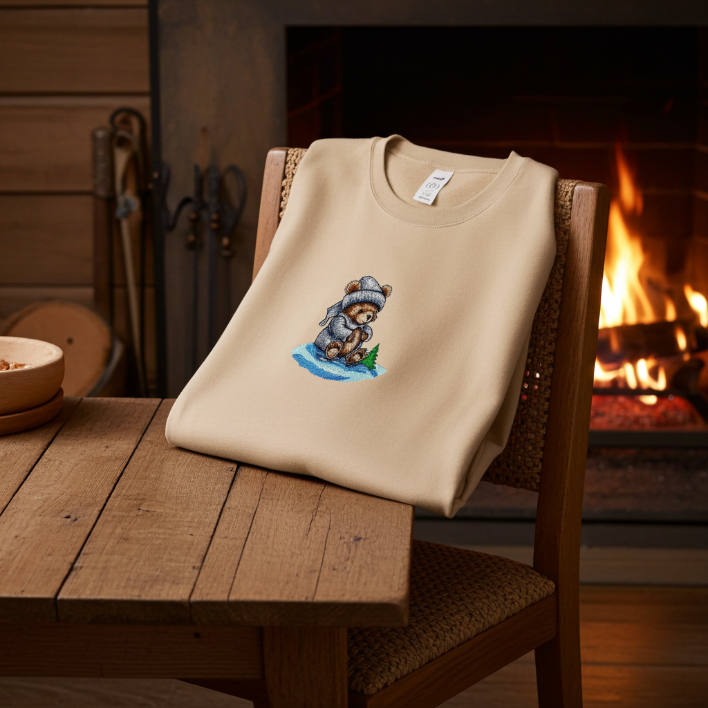 Soft beige sweatshirt folded on a wooden chair beside a rustic table, featuring a small moonlit bear embroidery wearing a winter hat, with a warm fireplace glowing in the background