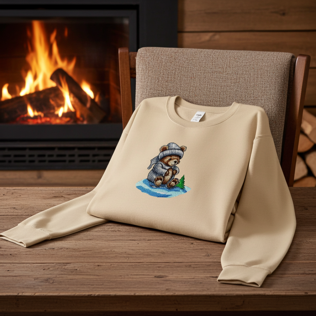 Soft beige sweatshirt folded on a wooden chair beside a rustic table, featuring a small moonlit bear embroidery wearing a winter hat, with a warm fireplace glowing in the background