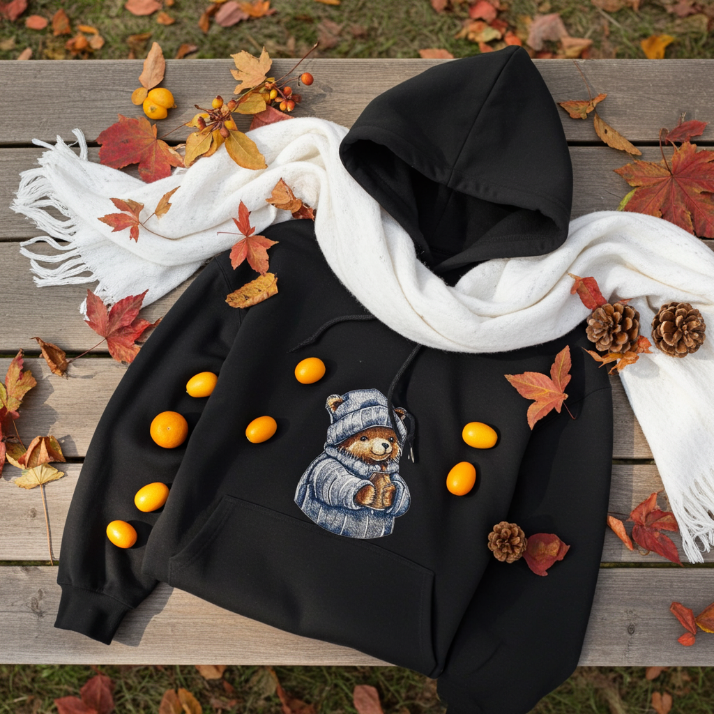 
Black hoodie mockup featuring an embroidered bear in a knit hat and scarf holding a warm drink, styled with autumn leaves, pinecones, a white scarf, and small orange fruits.