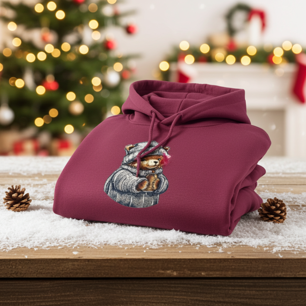 Burgundy hoodie mockup featuring an embroidered bear in a knit hat and scarf holding a warm drink, folded on a wooden table with pinecones and holiday greenery.
