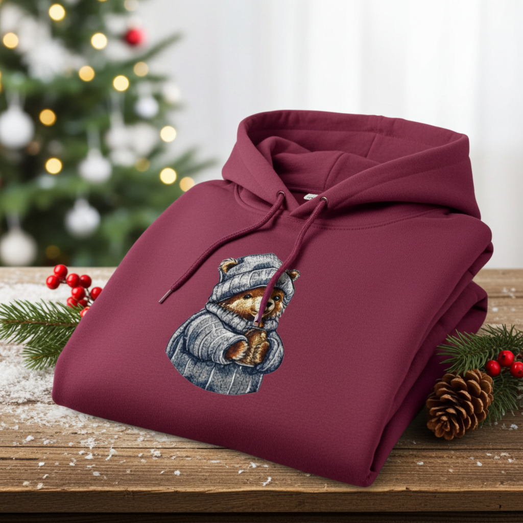 Burgundy hoodie mockup featuring an embroidered bear in a knit hat and scarf holding a warm drink, folded on a wooden table with pinecones and holiday greenery.