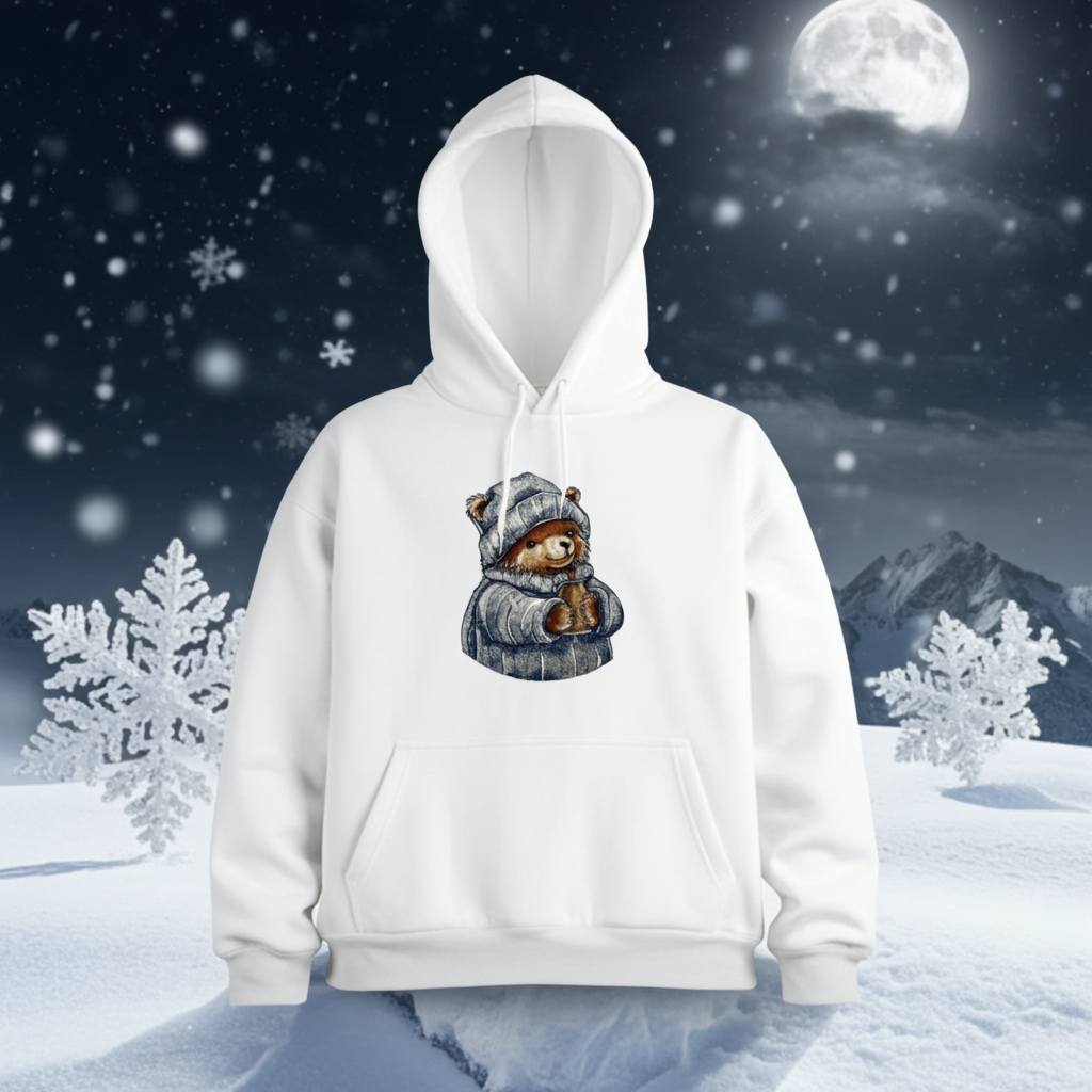 White hoodie mockup featuring an embroidered bear in a knit hat and scarf holding a warm drink, shown in a snowy night scene with falling snow and a full moon.